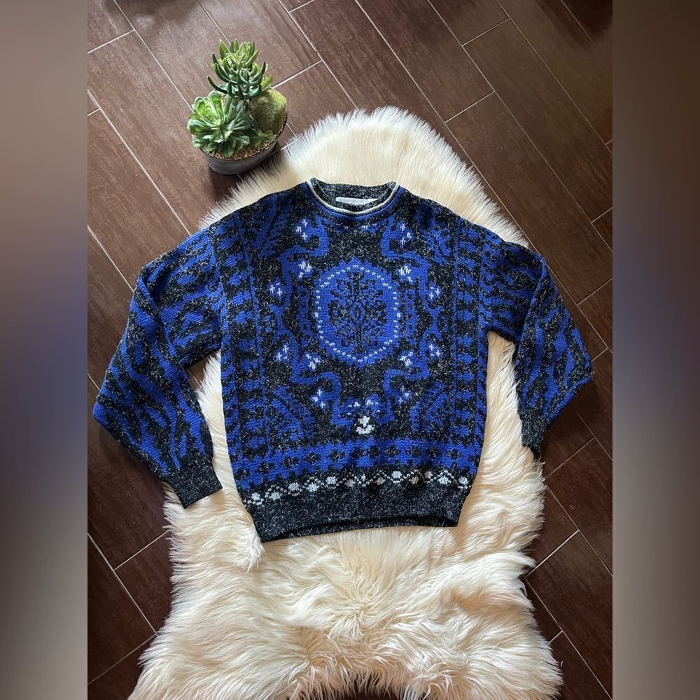 Mcgregor Blue/black/grey fuzzy Patterned Sweater Sz Large